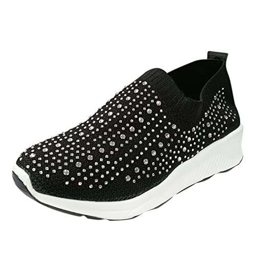 UnoSheng Glitzer Sportschuhe Damen Mesh Atmungsaktiv Turnschuhe - Damen Slip On Sneaker Mit Strass Weich Leicht Schlupfschuhe Memory Foam Freizeitschuhe Bequeme rutschfest Fitnessschuhe Walkingschuhe von UnoSheng