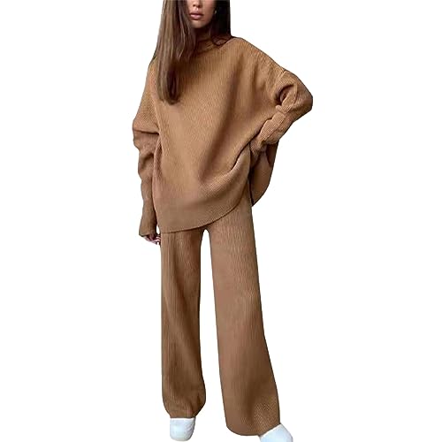 Hosenanzug Damen Nadelstreifen Damen-Strick-Set, einfarbig, hoher Kragen, entspanntes und lässiges Zweiteiler-Set mit Langen Ärmeln und Hosen Damen 2 Teiler Set Elegant (A, L) von UnoSheng