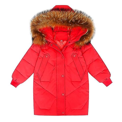 UnoSheng Jacken Winter Kleine/große Kinder Mädchen 2023 Winter Dicken Mantel Mit Kapuze Pelz Kragen Einfarbig Zipper Taste Mantel Mit taschen Daunenjacke Damen Winter (Red, 13-14 Years) von UnoSheng