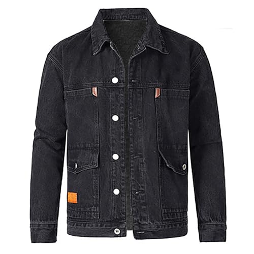 UnoSheng Jeansjacke Herren Schwarze Winter Denim Jacken Langarm Freizeitjacke Mit Multi Taschen College Jacke Motorradjacke Revers Mit KnöPfen Fliegerjacke von UnoSheng