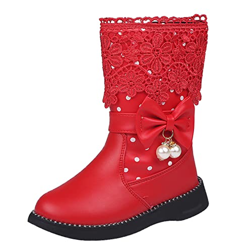 UnoSheng Kinderstiefel Winter Jungen Mädchen High Top Schuhe Mode Blumen Plus Samt Warme Stiefel Rutschfeste Atmungsaktive Nude Damen Stiefel Kinder Winter (Red, 27.5 Little Child) von UnoSheng