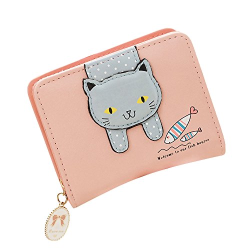 UnoSheng Kleine Geldbörsen Damen Rose Frauen Cute Kat Geldbörse kleine Reißverschluss Brieftasche Ledermünze Geldbörse Damen Brieftasche Groß (Pink, 9.5cm*3cm*12cm) von UnoSheng