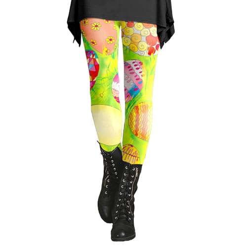 UnoSheng Körperkette Sexy Damen-Leggings mit Hasen-Motiv, Ostereier-Blumenmuster, dehnbar Leggings Schwarz Gr. 46 (Yellow, L) von UnoSheng