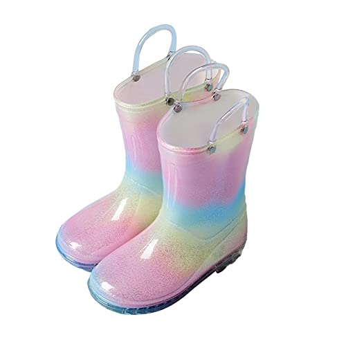 UnoSheng Winterstiefel 34 Regenstiefel für mit Glitzerlicht für Mädchen, Regenbogen-Regenschuhe und einfarbige Stiefel mit einfach anzubringenden Griffen Gummistiefel 30 (A, 27 Little Child) von UnoSheng