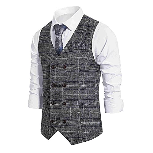 UnoSheng Zweireiher Kariertes Herrenweste - Weste Herren Businessweste Anzugweste Slim Fit Business Weste Anzug Western Gilet äRmellose Westen Mantel Frack Formal Businessweste Klassische Weste von UnoSheng