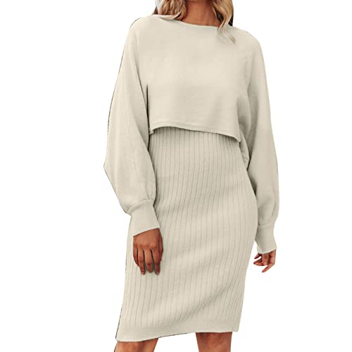 Viskose Stretch Kleid Damen Langarm Lazy Style Modisches festes Strickkleid Zweiteiliges mittellanges Wollkleid Umstandsmode Kleid Langarm (Beige, One Size) von UnoSheng