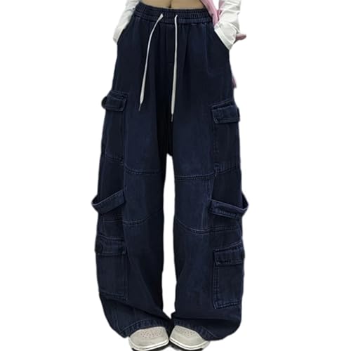 Unotobe Jeans für Damen, Baggy-Cargohose, Y2K, Fallschirmhose mit Taschen, Dunkelblau 2251, L von Unotobe