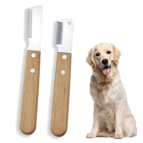 Trimmmesser Hund 2 Stück, Trimmkamm Hund mit Holzgriff, Edelstahl Haustierpflege Werkzeug für Haustier Pet Unterwolle, für Hunde und Katzen, Unterwolle Trimm Messer von Unpoten