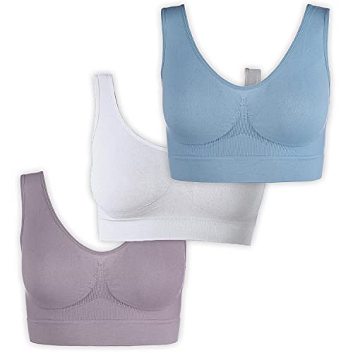 UnsichtBra Bustier Damen BH ohne Buegel | 3er Set Wohlfühl Bustiers Tops | Bügelloser Soft Bra | Schlaf Still Sport Crop Top Büstier blau, lila, weiß (wellbra_pas)(3XL) von UnsichtBra