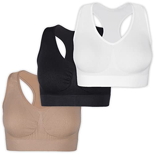 UnsichtBra Bustier Damen Sport BH ohne Buegel | 3er Set Ringerrücken Bustier Racer Tops | Bügelloser Soft Bra | Crop Top Büstier schwarz, weiß, beige (wellbra_rngr)(L) von UnsichtBra