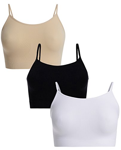 UnsichtBra Damen 3er Set Bustier Top BH ohne Bügel | Mehrpack Spaghettiträger Bralette BH | Frauen Sport Yoga Unterwäsche Basic Büstier Hemd (Schwarz,Weiss,Beige, M) von UnsichtBra