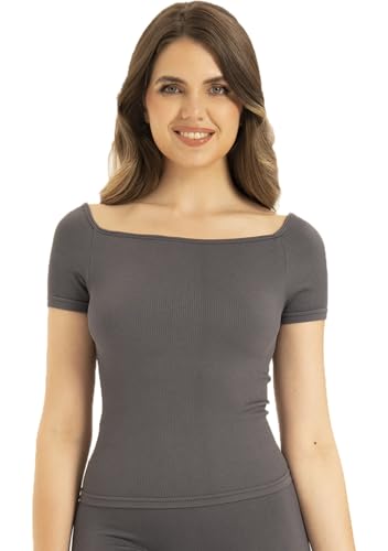 UnsichtBra Damen Shapewear Unterhemd mit weitem Ausschnitt in Rippenstrick | 2 in 1 Blusen Basic Top | Mikrofaser Shape Tops ohne Bügel (sw_9009, Grau, M-L) von UnsichtBra