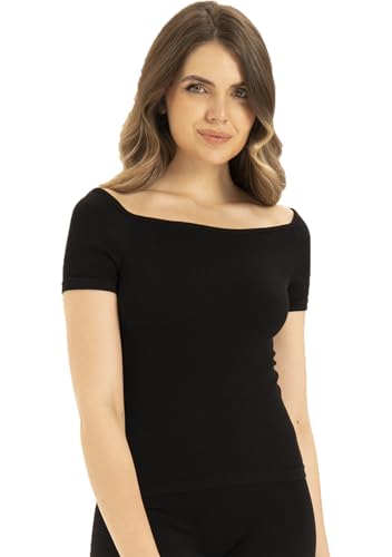 UnsichtBra Damen Shapewear Unterhemd mit weitem Ausschnitt in Rippenstrick | 2 in 1 Blusen Basic Top | Mikrofaser Shape Tops ohne Bügel (sw_9009, Schwarz, S-M) von UnsichtBra