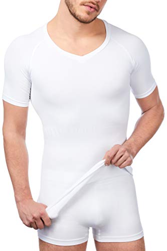 UnsichtBra Shapewear V - Ausschnitt Kurzarm Unterhemd Herren | Body Shaper Funktionsshirt Herren | Bauchweg Kompressionsshirt Unterziehshirt Weiss (sw_7102)(XL, Weiss) von UnsichtBra