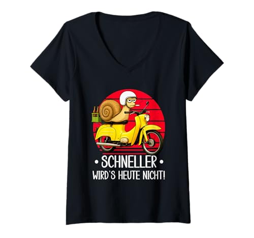 Damen Schneller wird’s heut nicht – Schnecke auf DDR Moped KR51 T-Shirt mit V-Ausschnitt Damen Schneller wird’s heut nicht – Schnecke auf DDR Moped KR51 T-Shirt mit V-Ausschnitt von Unterbrecherkontakte