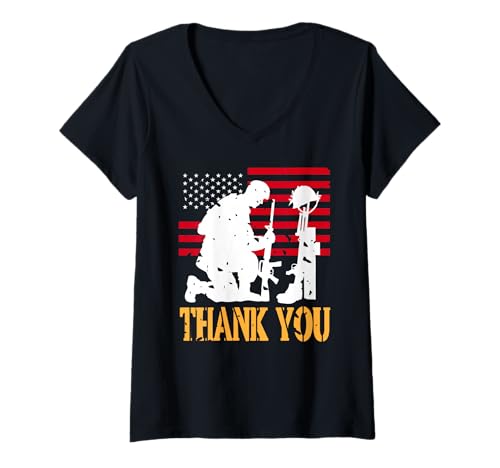 Damen Patriotischer Soldat kniet Gefallenenkreuz Tribut T-Shirt mit V-Ausschnitt Damen Patriotischer Soldat kniet Gefallenenkreuz Tribut T-Shirt mit V-Ausschnitt von Unterstützer von Armee und Freiheit