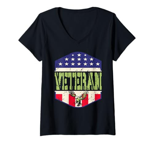 Damen Stolzer Amerikanischer Veteran Adler Patriotischer Flagge T-Shirt mit V-Ausschnitt Damen Stolzer Amerikanischer Veteran Adler Patriotischer Flagge T-Shirt mit V-Ausschnitt von Unterstützer von Militärstolz und Patriotismus