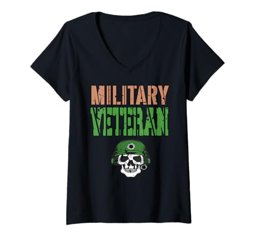 Damen Harter Militärveteran Schädel mit Helm und Kugelspuren T-Shirt mit V-Ausschnitt Damen Harter Militärveteran Schädel mit Helm und Kugelspuren T-Shirt mit V-Ausschnitt von Unterstützer von Streitkräften und Militärstolz