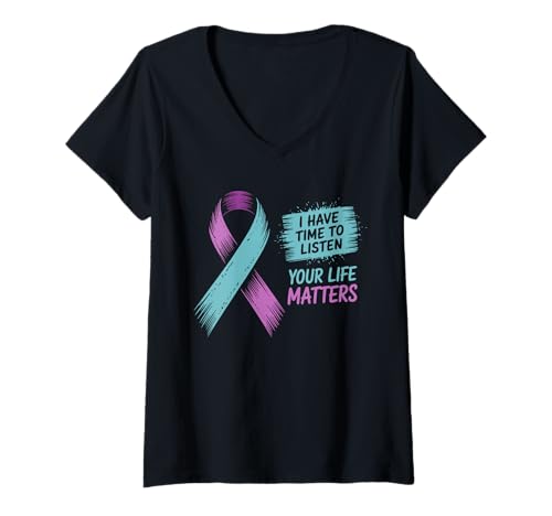 Damen I Have Time to Listen Dein Leben Zählt Schleife T-Shirt mit V-Ausschnitt Damen I Have Time to Listen Dein Leben Zählt Schleife T-Shirt mit V-Ausschnitt von Unterstützung Hoffnung Türkis Lila Band Psychische