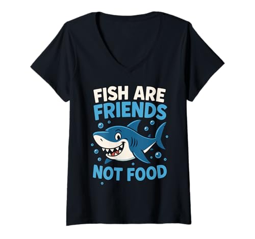 Damen Fische Sind Freunde, Kein Futter T-Shirt mit V-Ausschnitt Damen Fische Sind Freunde, Kein Futter T-Shirt mit V-Ausschnitt von Unterwasser Freundschaft Meeresschutz
