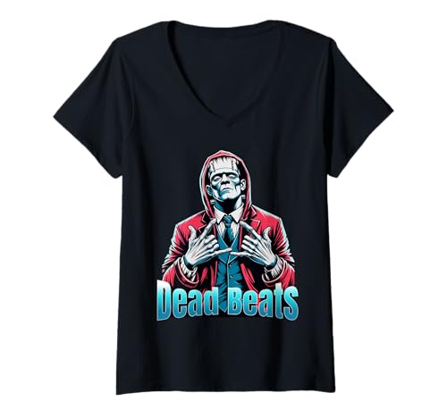 Damen Tote Beats Frankenstein Halloween Monster Stadtstil T-Shirt mit V-Ausschnitt Damen Tote Beats Frankenstein Halloween Monster Stadtstil T-Shirt mit V-Ausschnitt von Untote Klänge Straße Grusel Charakter