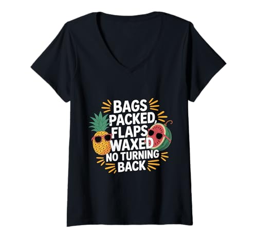 Damen Bags Packed Flaps Waxed No Turning Back Reisetourist |- T-Shirt mit V-Ausschnitt Damen Bags Packed Flaps Waxed No Turning Back Reisetourist |- T-Shirt mit V-Ausschnitt von Unvergesslicher und wilder Urlaub