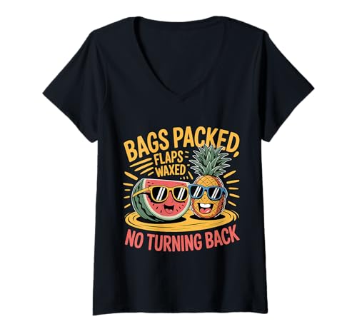 Damen Bags Packed Flaps Waxed No Turning Back Reisetourist |- T-Shirt mit V-Ausschnitt Damen Bags Packed Flaps Waxed No Turning Back Reisetourist |- T-Shirt mit V-Ausschnitt von Unvergesslicher und wilder Urlaub