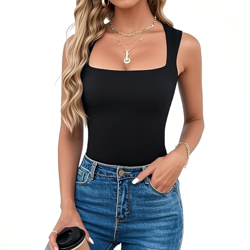 Tank Top Damen Square Neck Sleeveless Sommer Tanktops Basic Tops Soft Tanktops Frauen Shirt Mode Sommer Kleidung (DE/NL/SE/PL, Alphanumerisch, L, Regular, Regular, Schwarz) von UoQo