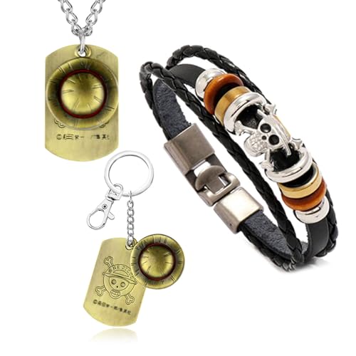 YouU Anime OP. Cosplay Schmuck Set Ruffy Anhänger Halskette Schlüsselanhänger Strohhut Skelett Anhänger Armband mit Aufkleber 23 Stück von UoYu