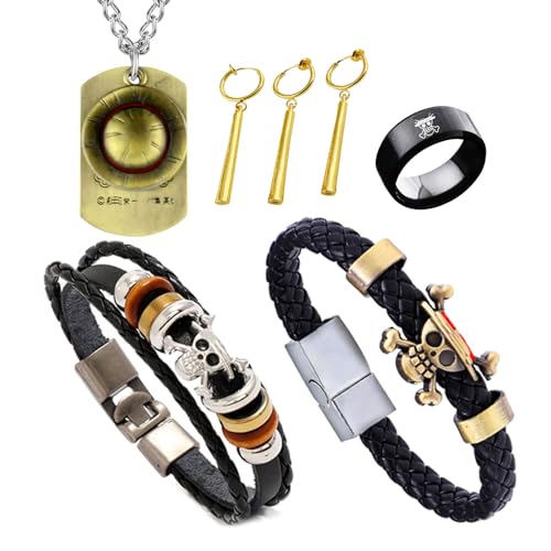 YouU 27 Stück One P. Cosplay Schmuck Zorro Ohrringe Luffy Halskette Anhänger Schlüsselanhänger PU Leder Armreif Skelett Armband Skelett Ring Anime Aufkleber (Ohrringe kein Piercing erforderlich) von YouU