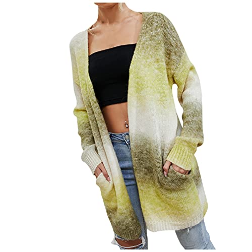 Uobtxw Lang Strickjacke Damen Regenbogen Cardigan Übergröße Tie-Dye Long Offene Knöpfen Grobstrickjacke Cardigan Taschen Strickgewirk Pullover Mantel (Yellow, XL) von Uobtxw