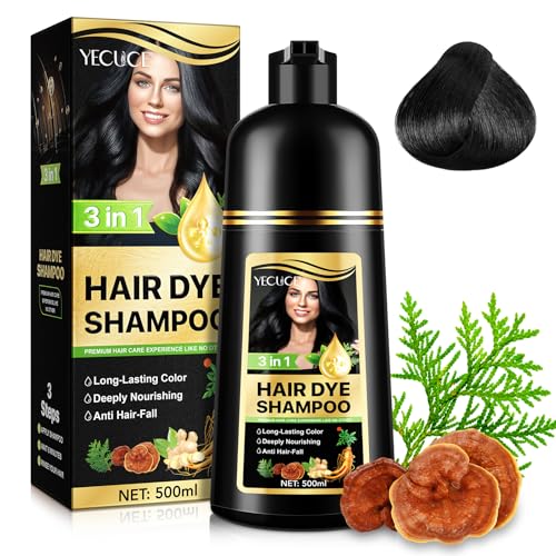 Haarfarbe Shampoo für graues Haar,Haarfarbe Sham-poo,Instant Haarfarbe Shampoo für Männer & Frauen - Natürliche und langanhaltende Haar-pflege 3 IN1 Pflanzenhaarfarbe Sham-poo,500ml (Schwarz) von Uocasi