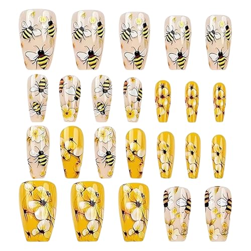 Niedliche Nägel zum Aufdrücken, stabile Klebenägel für Mädchen, Set mit 24 Stück, strapazierfähig, kompaktes Design, Maniküre-Kunstzubehör, Bienen-Blumen-gefälschte Fingernägel für Dating, Reisen und von Uonguon