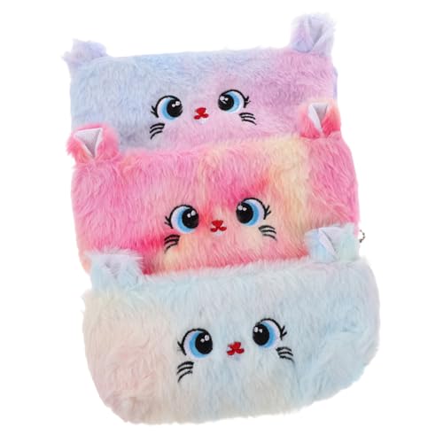 Uonlytech 3 Stück Teiliges Federmäppchen Katze mit Plüschbezug und Reißverschluss Farbverlaufendes Kosmetiktäschchen und Mäppchen Vielseitiger Organizer für Make-up Pinsel Stifte Damen von Uonlytech