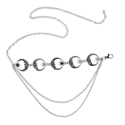 Uonlytech Verstellbare Vintage Metall Taillenkette mit Mond und Stern Elementen Damen Körper Schmuck Gürtel für Kleider und Jeans Hüftkette Verstellbares Accessoire in Gunmetal von Uonlytech