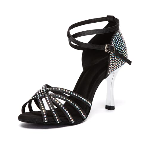 Uonpie Damen Latein Salsa Tanzschuhe mit Glitzer Strasssteinen Hoher Absatz Schwarz Offene Zehen Party Tanzschuhe,40.5EU von Uonpie