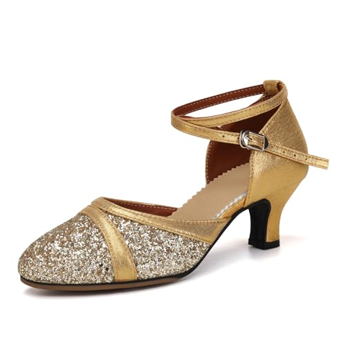 Uonpie Damen Latein Tanzschuhe Gold Geschlossene Zehe Pailletten Schuhe Niedriger Absatz Gesellschaftstanzschuhe mit 5cm Absatz, 36.5EU von Uonpie