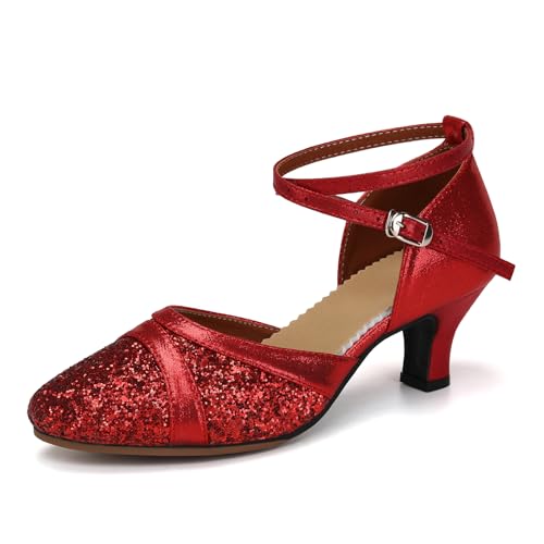 Uonpie Damen Latein Tanzschuhe Rot Geschlossene Zehe Pailletten Schuhe Niedriger Absatz Gesellschaftstanzschuhe mit 5cm Absatz, 36EU von Uonpie