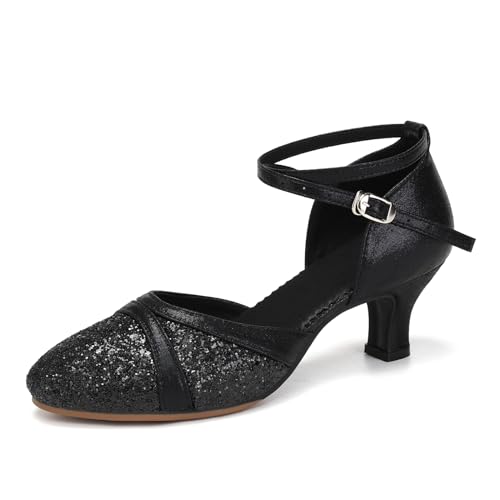 Uonpie Damen Latein Tanzschuhe Schwarz Geschlossene Zehe Pailletten Schuhe Niedriger Absatz Gesellschaftstanzschuhe mit 5cm Absatz, 39EU von Uonpie