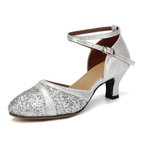Uonpie Damen Latein Tanzschuhe Silber Geschlossene Zehe Pailletten Schuhe Niedriger Absatz Gesellschaftstanzschuhe mit 5cm Absatz, 37.5EU von Uonpie