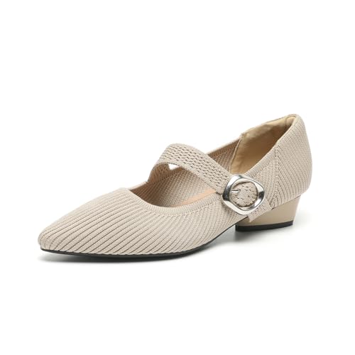 Uonpie Damen Pumps mit Spitzer Blockabsatz Schicke Elegant Beige Mary Jane Schuhe Damen Freizeitschuhe,35EU von Uonpie