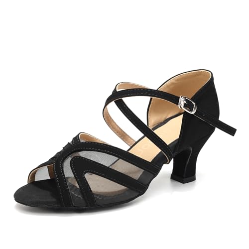 Uonpie Damen Tanzschuhe Latein Leder Bequem Schwarz mit 5cm Absatz Offen Tanzschuhe,38EU von Uonpie