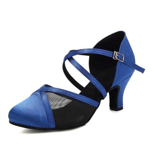 Uonpie Latein Salsa übung Tanzschuhe Damen Geschlossen Kleiner Absatz Satin Blau Ballsaal Tanzschuhe Trainingsschuhe,35EU von Uonpie