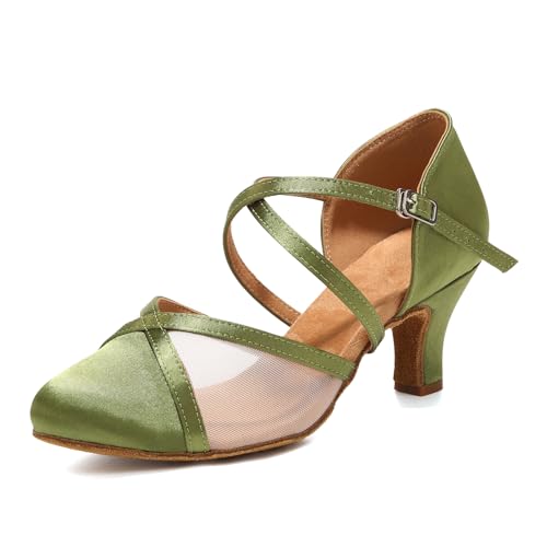 Uonpie Latein Salsa übung Tanzschuhe Damen Geschlossen Kleiner Absatz Satin Grün Ballsaal Tanzschuhe Trainingsschuhe,37EU von Uonpie