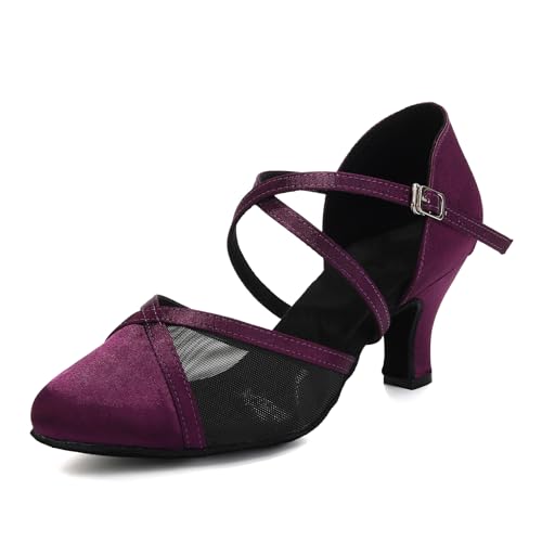 Uonpie Latein Salsa übung Tanzschuhe Damen Geschlossen Kleiner Absatz Satin Lila Ballsaal Tanzschuhe Trainingsschuhe,36EU von Uonpie