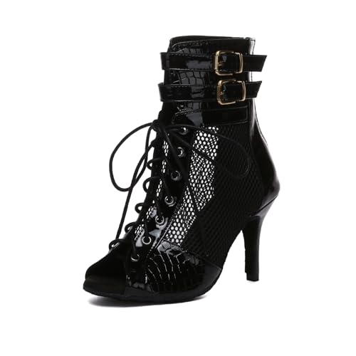 Uonpie Latein Tanzschuhe Damen Mesh Hoher Absatz Schwarz Standard Offene Schnürschuhe Elegant Tanzstiefel,37.5EU von Uonpie