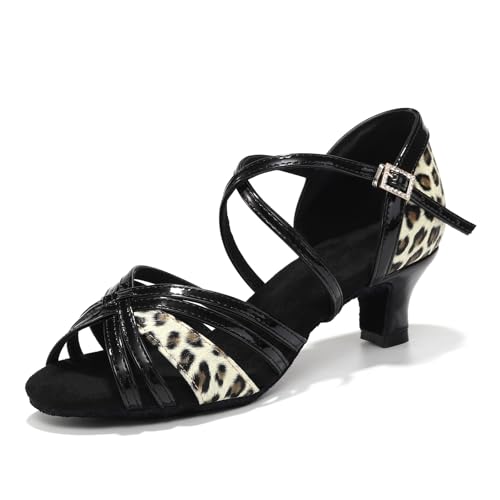 Uonpie Lateinische Tanzschuhe für Damen mit offener Spitze - Salsa Schuhe mit 5 cm Absatz,Leopard,37EU/4,5UK von Uonpie