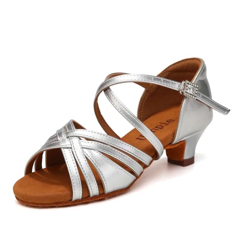 Uonpie Mädchen Salsa Tanzschuhe mit 4cm hohem Kinder Latein Tango Ballsaal Schuhe mit Weiche Sohlen,Silber,31 EU von Uonpie
