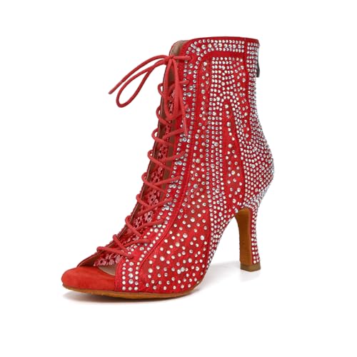 Uonpie Mesh Stiefel Strass für Frauen Latein Ballroom Dance Schuhe High Heel Stiefel,Rot,37.5EU von Uonpie