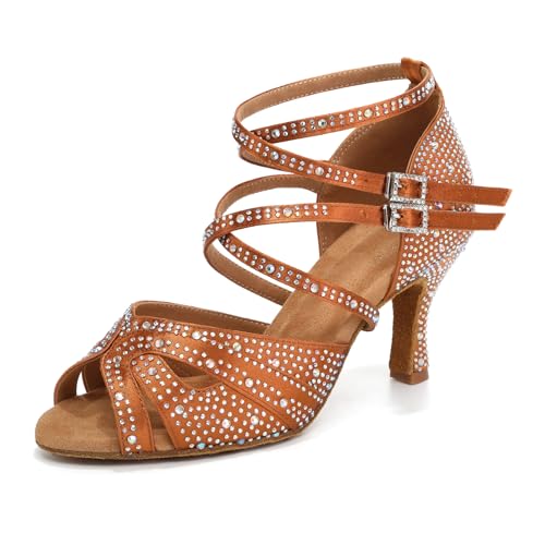 Uonpie Tanzschuhe Damen Latein Glitzer Strass Professionelle Salsa Partei,L602-Braun-7.5,40 EU von Uonpie